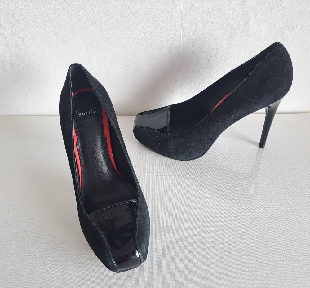 Bertie Black Suede/Patent Stiletto Shoes Size 5