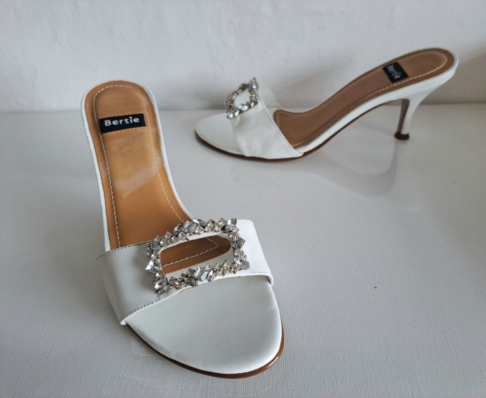 Bertie shoes white leather mules sandals crystals size 5.