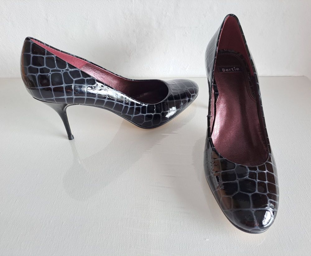 Bertie Black Mock Croc Patent Shoes Size 6.5