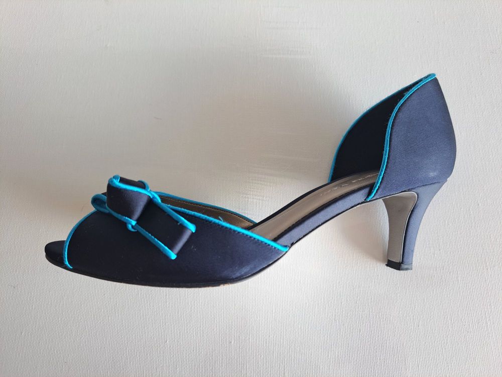 Jacques Vert  Navy/Turquoise Peep Toe Kitten Heel Shoes Size 4