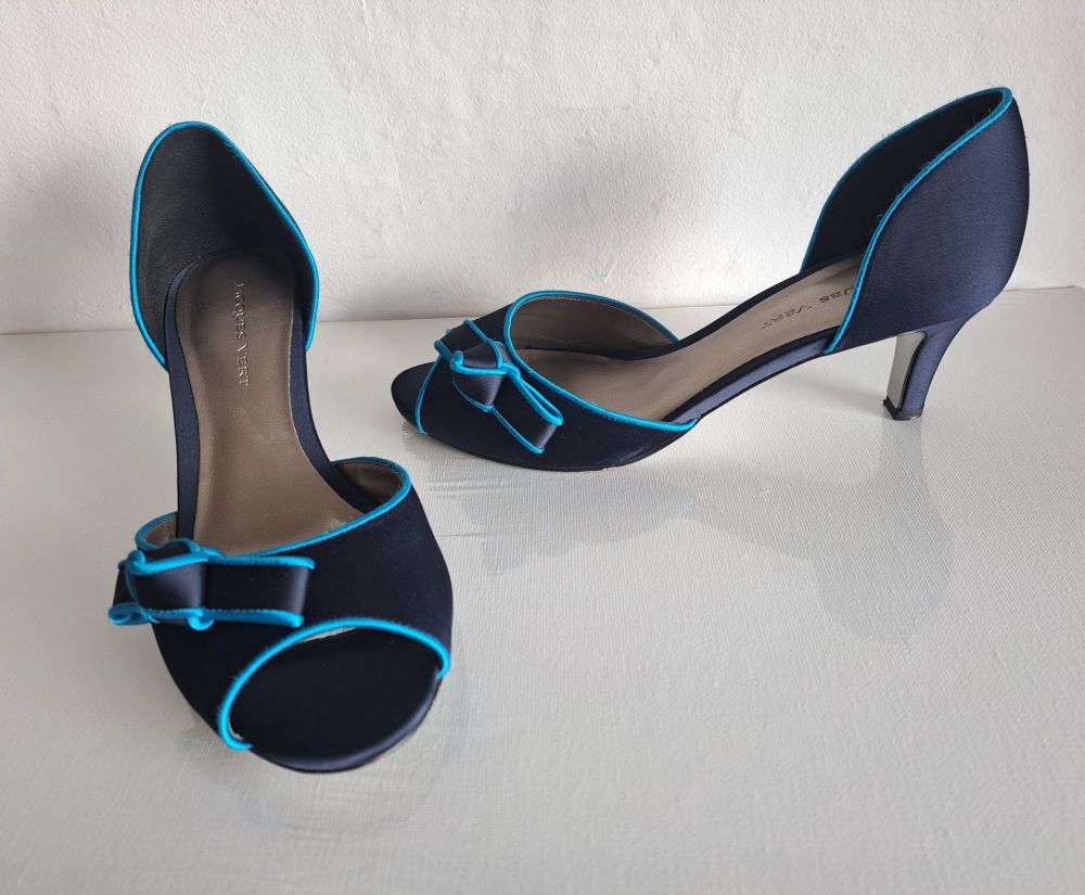 Jacques Vert  Navy/Turquoise Peep Toe Kitten Heel Shoes Size 4