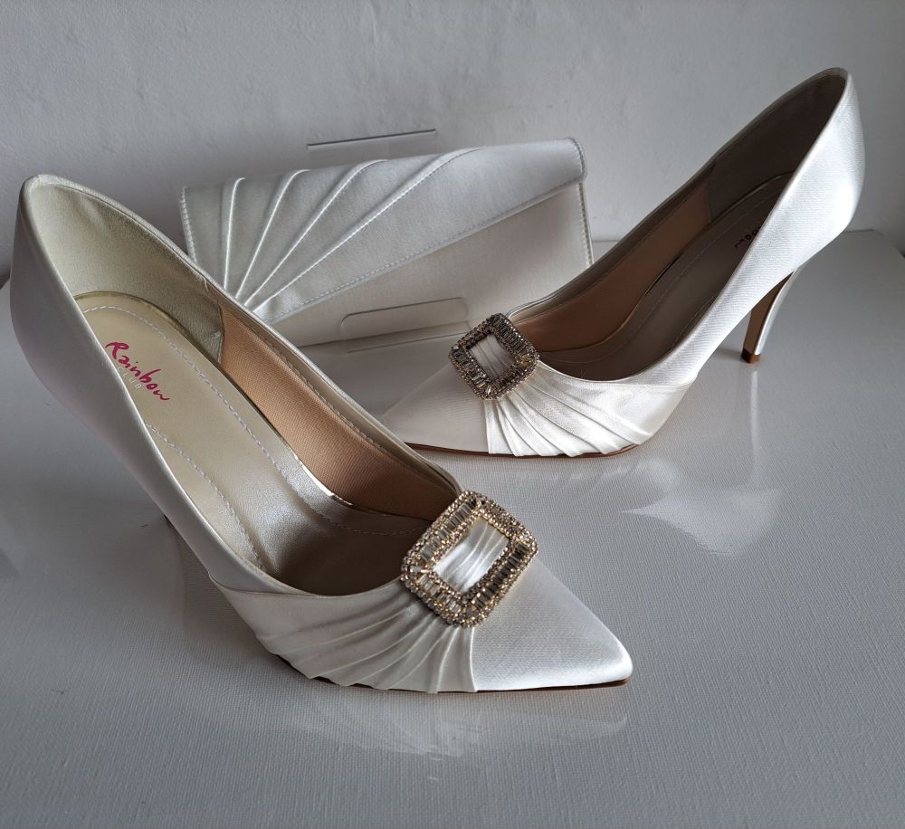 Rainbow Club Ivory Bridal Shoes with Crystal Embellishment & Matching Bag Size 7