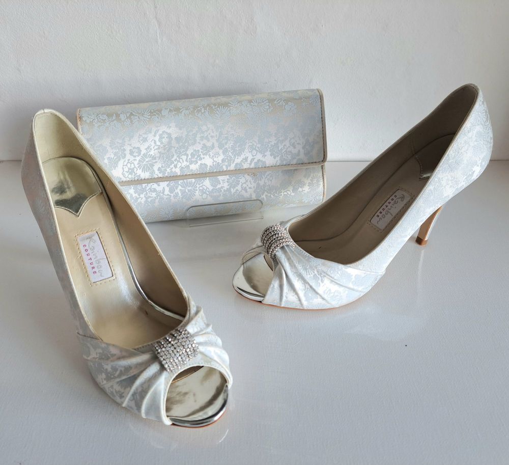 Rainbow Couture ivory satin pale blue contrast floral shoes Diamanté scroll  matching bag size 5
