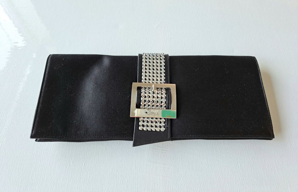 Gina London soft evening clutch black satin crystals buckle feature