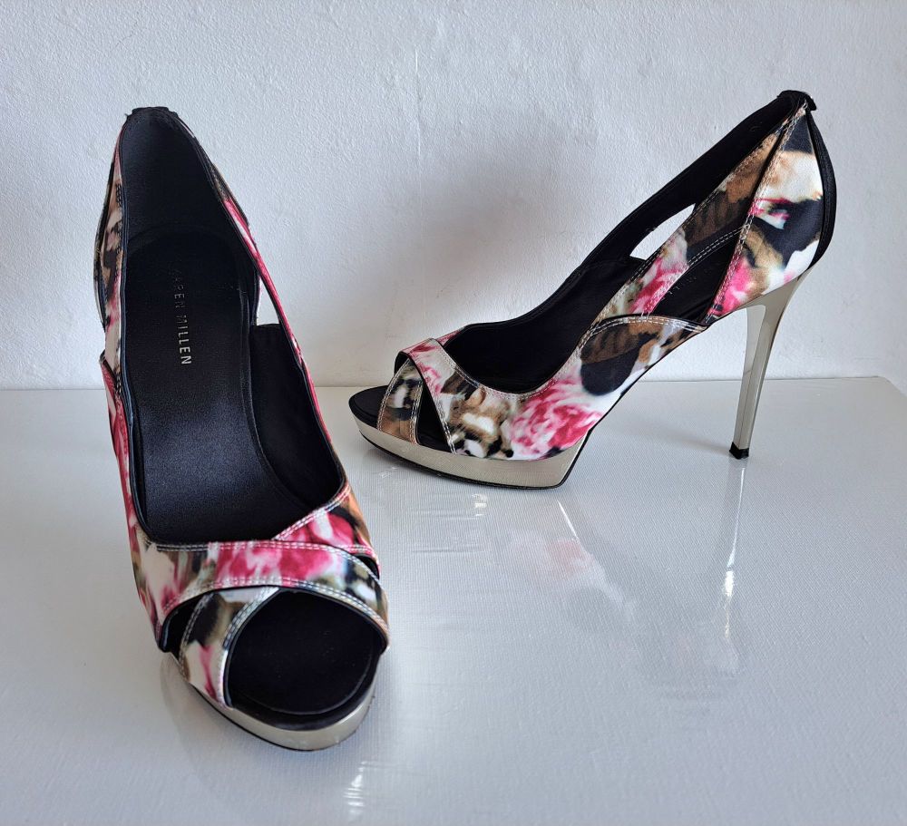 Karen Millen Occasion Floral Peep Toe Shoes  Size 7 & matching Bag  - pre loved
