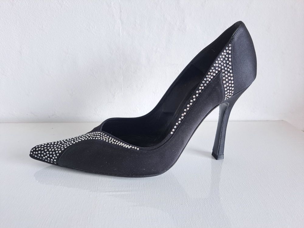 Magrit occasions shoes black satin stilettos crystals size 4.5.new