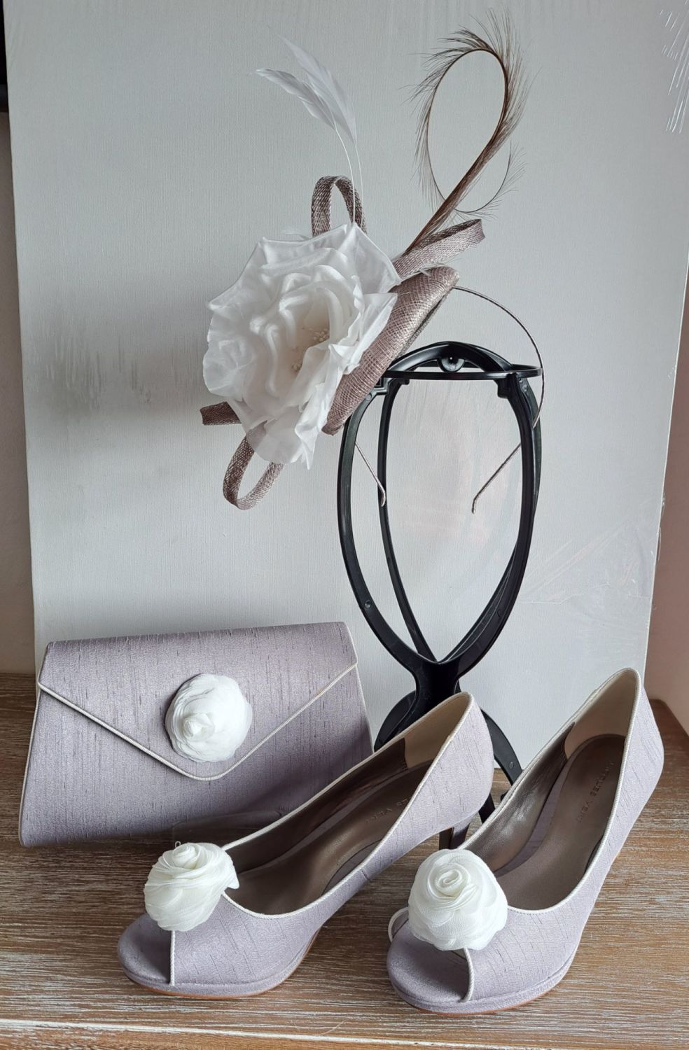 Jacques Vert mother bride Mocha shoes matching bag fascinator size 5