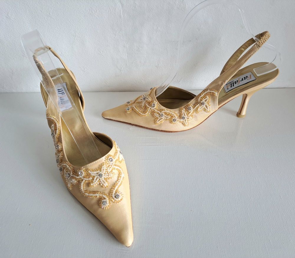 Farfalla Light Gold Beaded Slingback Shoes Size 5