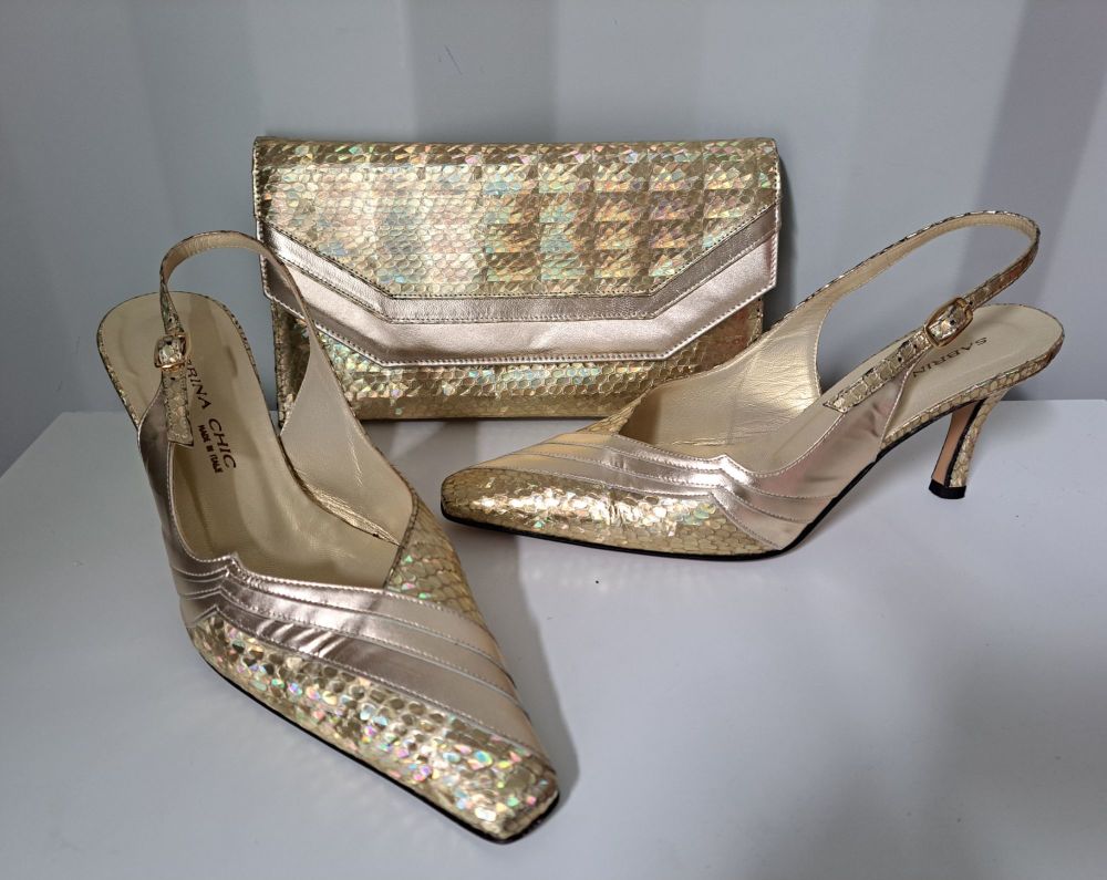 Sabrina Chic Gold/Sequined Slingback Occasion Shoes size 5 & Matching Bag