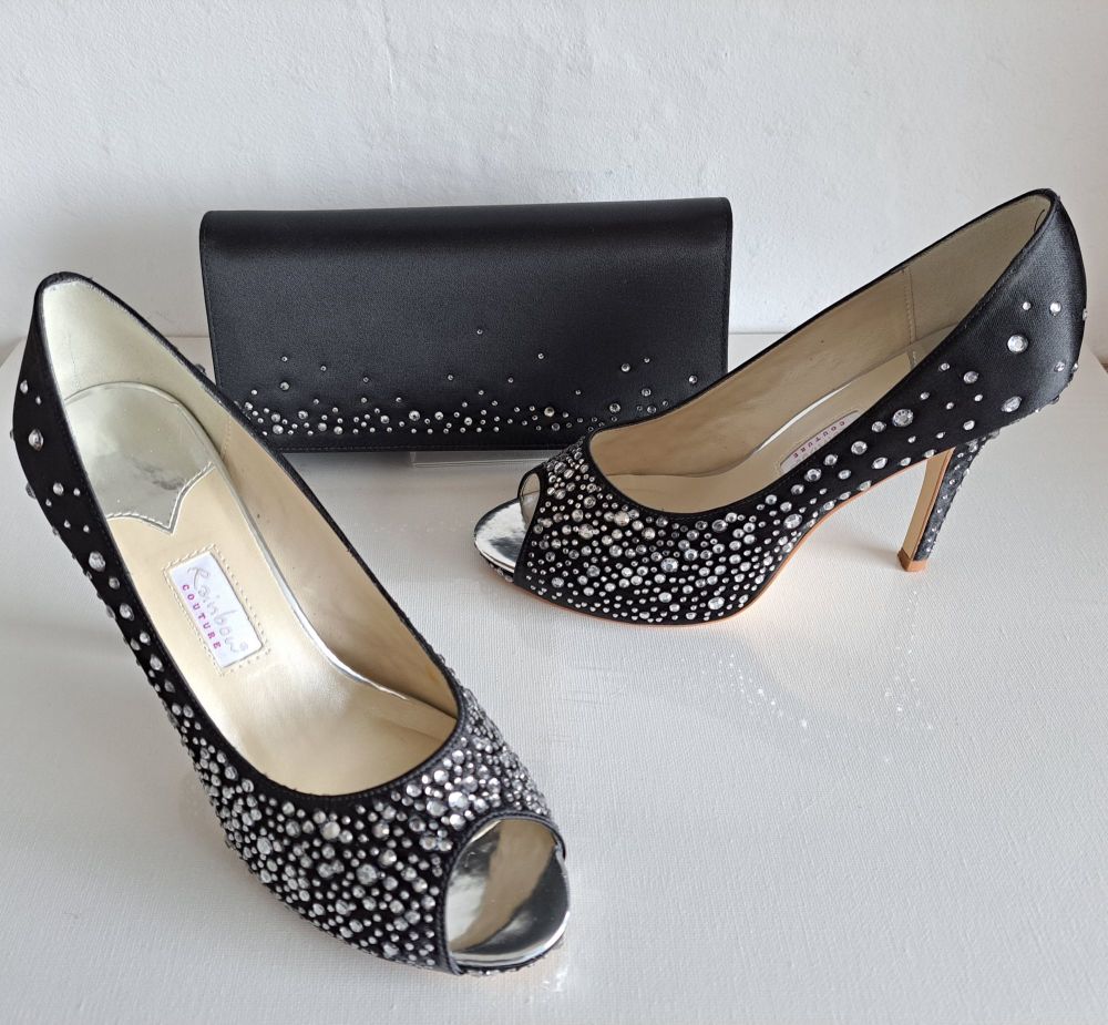 Rainbow Couture Black Satin Studded Crystals Peep Toe Shoes & Matching Bag Size 6