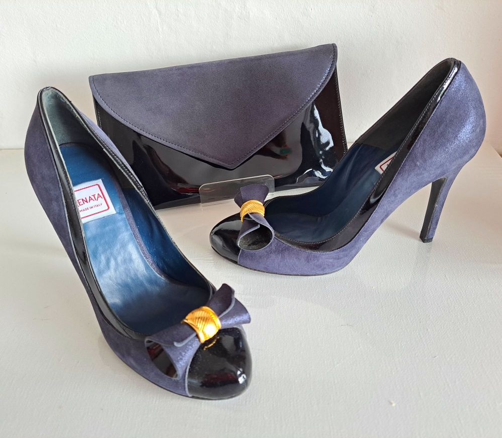 Renata occasion shoes matching clutch blue sparkle|black patent  bow size 3