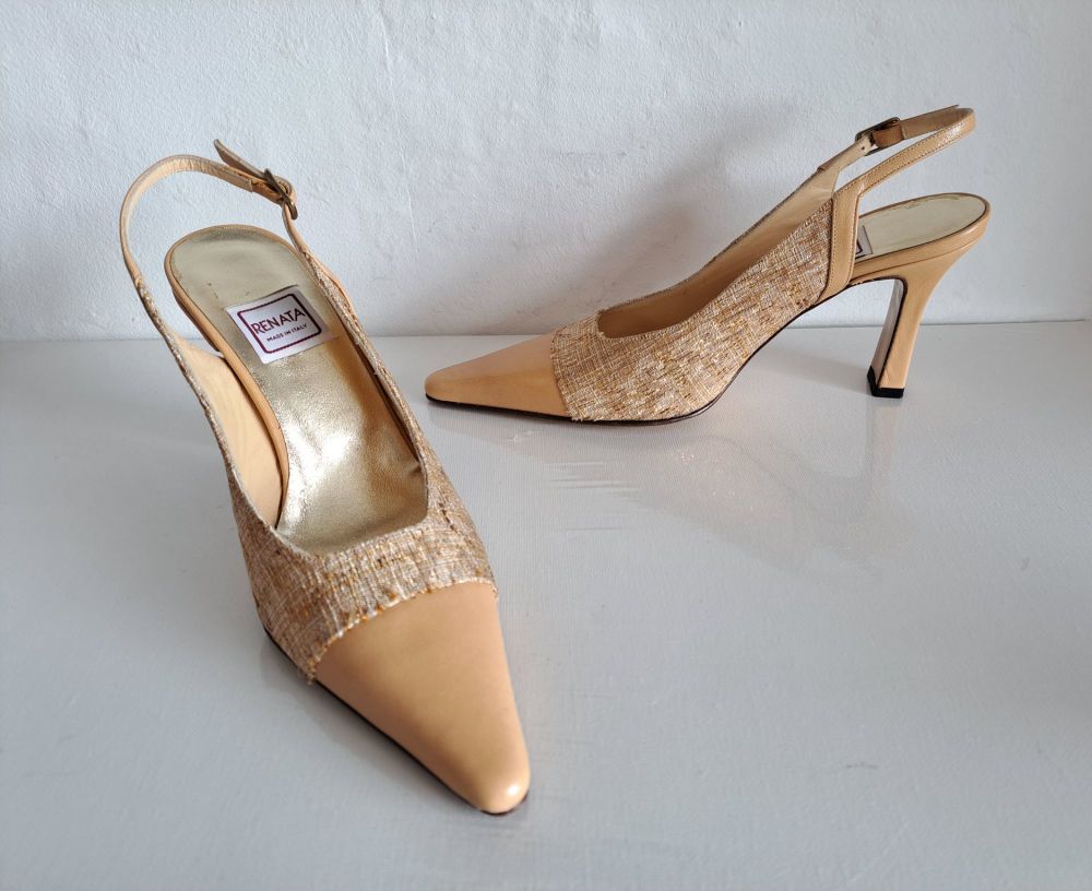 Renata court shoes dark beige with cream gold textile upper.size 3