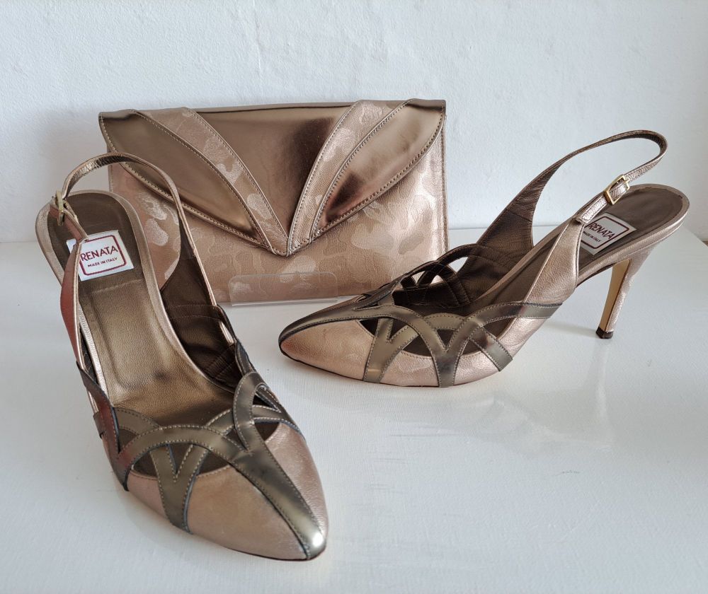 Renata shoes beige with pewter slingback matching clutch size 5.5