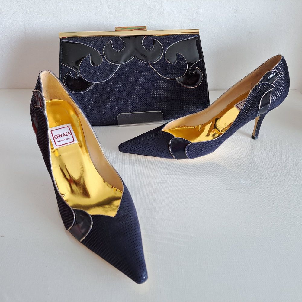 Renata Navy/Gold Shoes Size 3 & Matching 3 Way Bag