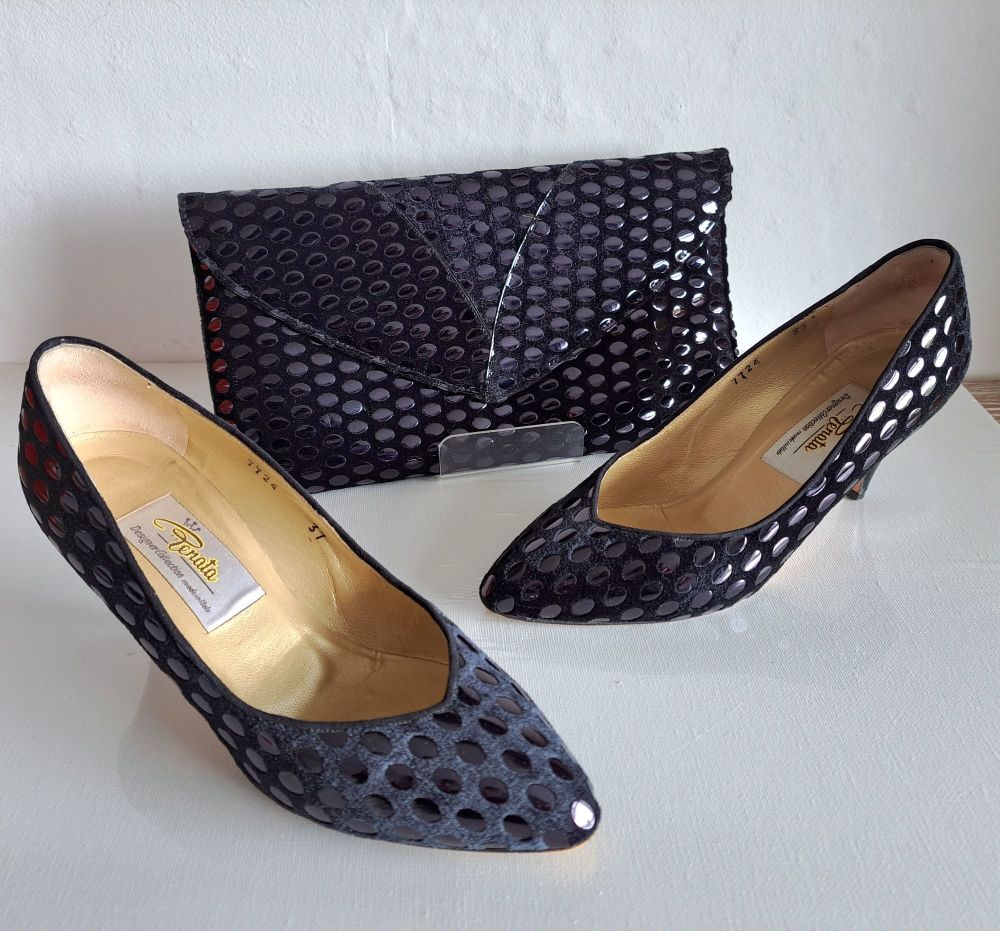 Renata designer shoes matching bag black suede patent size 3.5 vintage
