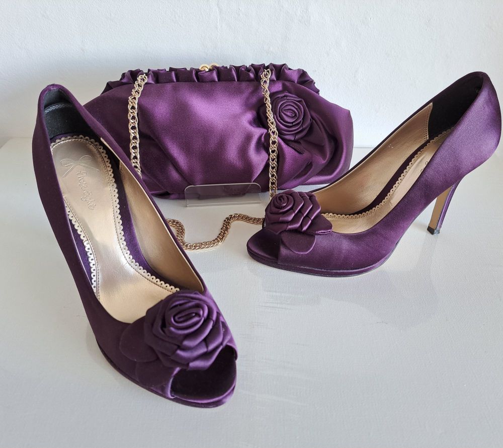 Phase Eight Purple Corsage Peep Toe Shoes Size 4 & Matching Bag