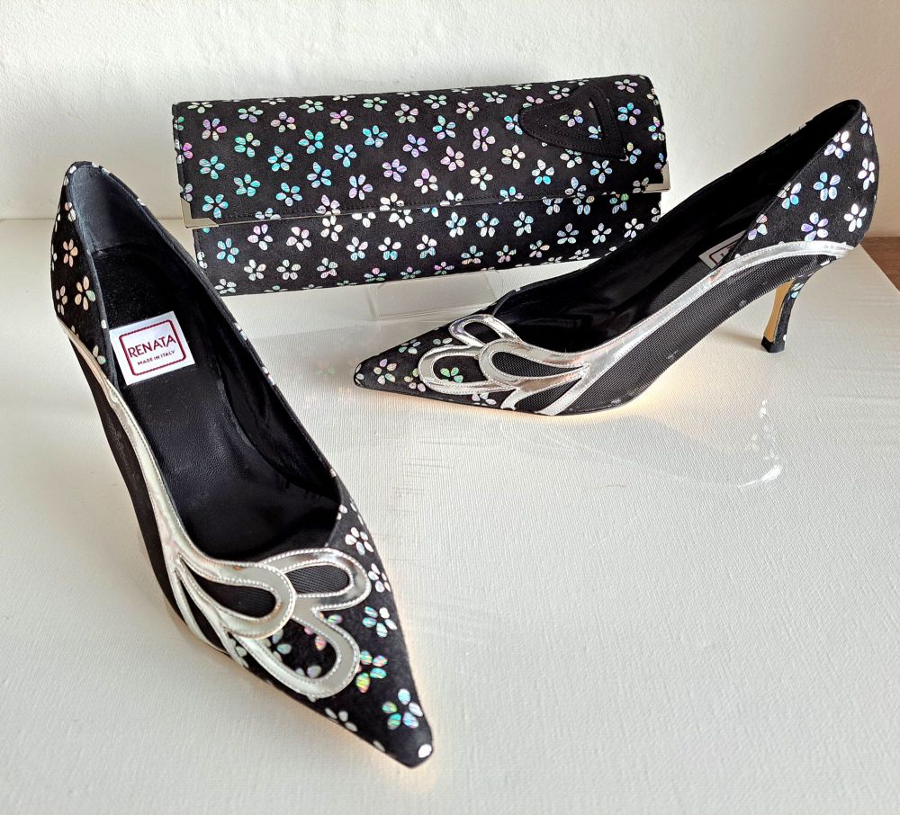 Renata designer shoes matching bag black silver mother bride size 4