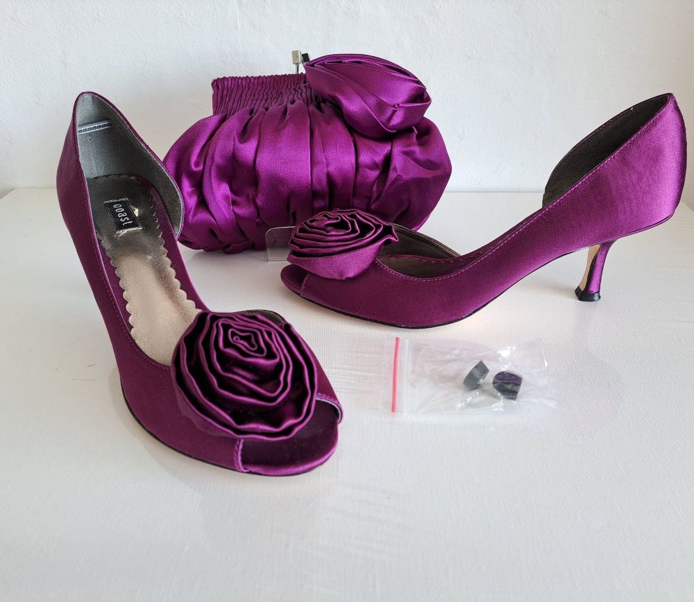 Coast occasions purple satin peep toe shoes matching bag rose feature size 
