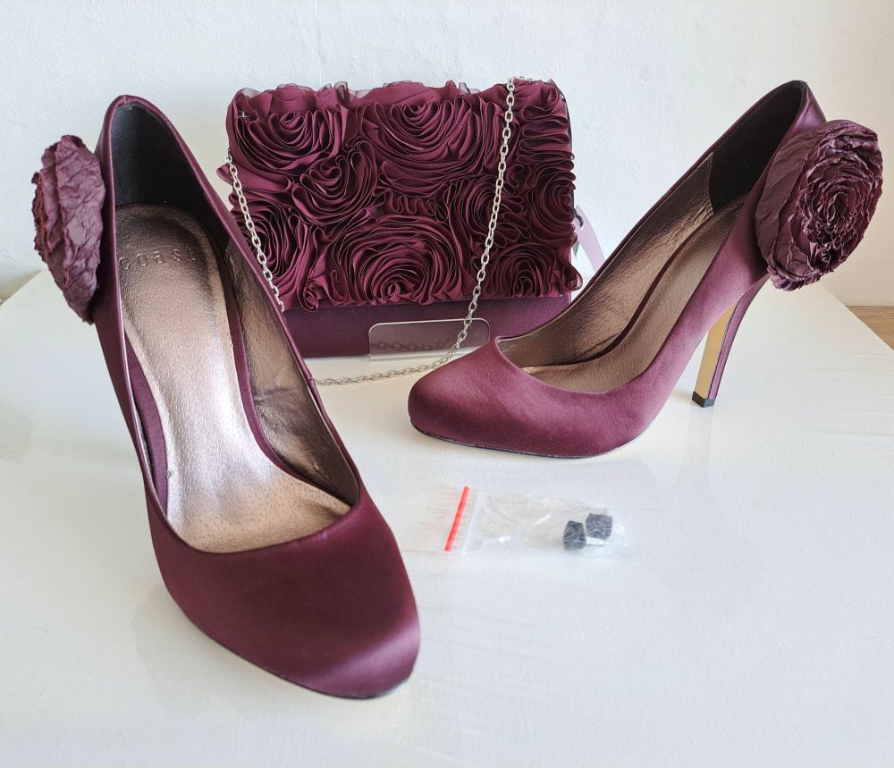 Coast plum |aubergine occasions satin rose design shoes matching bag size 6