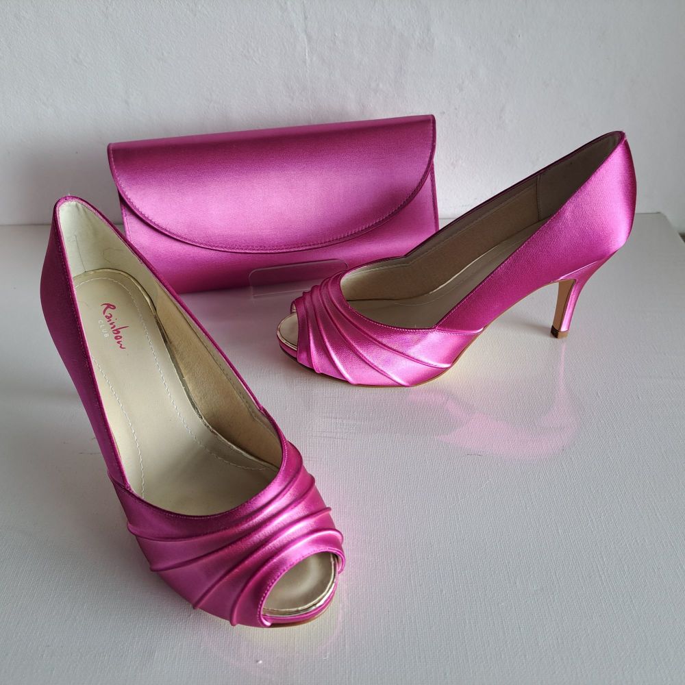 Rainbow Club satin peep toe occasion shoes matching bag cerise pink size 5