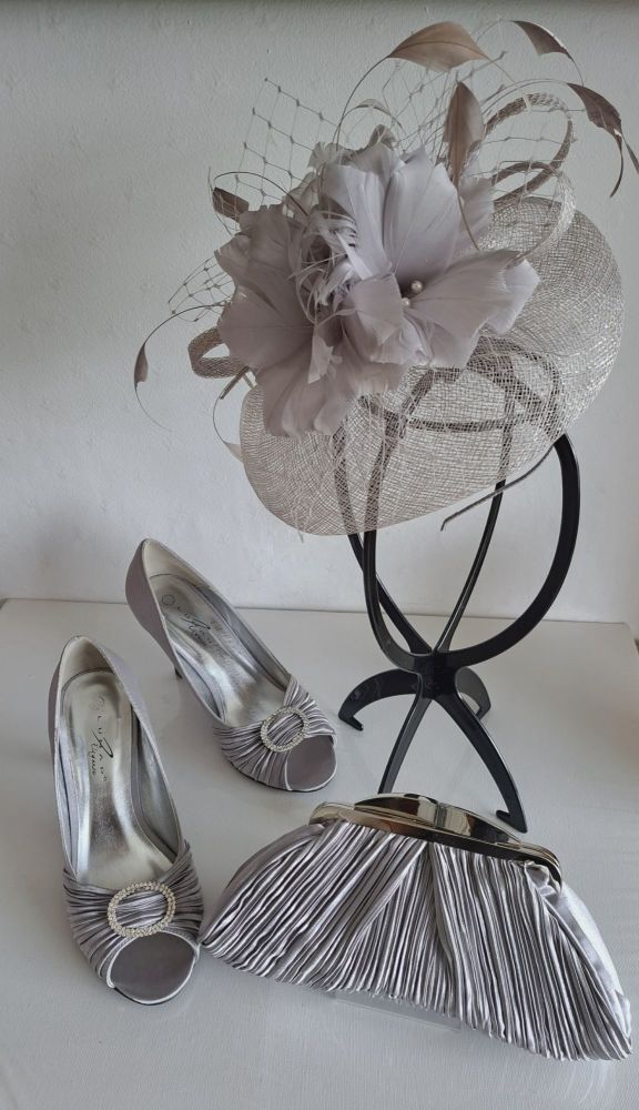 Lunar shoes matching bag fascinator silver grey satin size 3 mother bride 