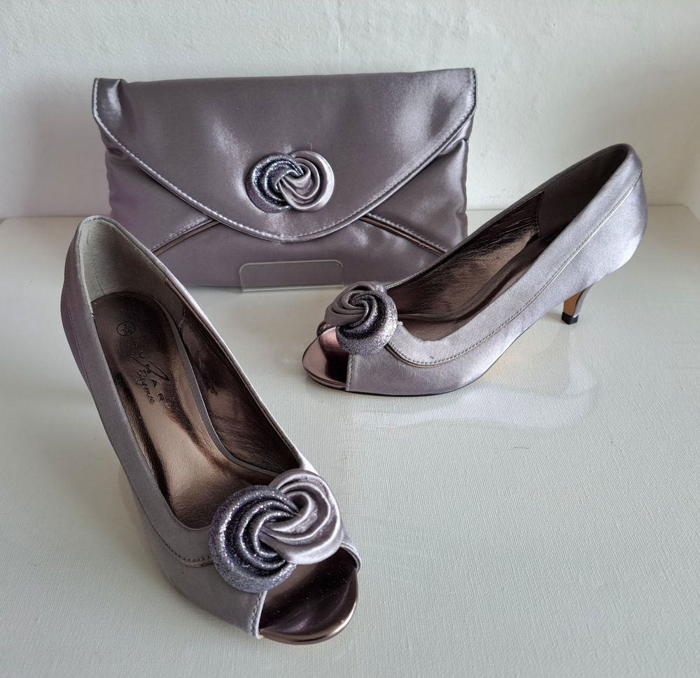 Lunar "Ripley" occasion  grey satin peep toe shoes and matching bag size 3
