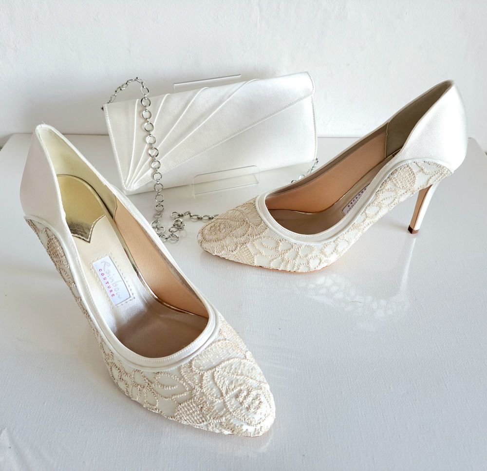 Rainbow Club Lorna ivory satin pale gold tulle embroidery shoes matching bag size 6