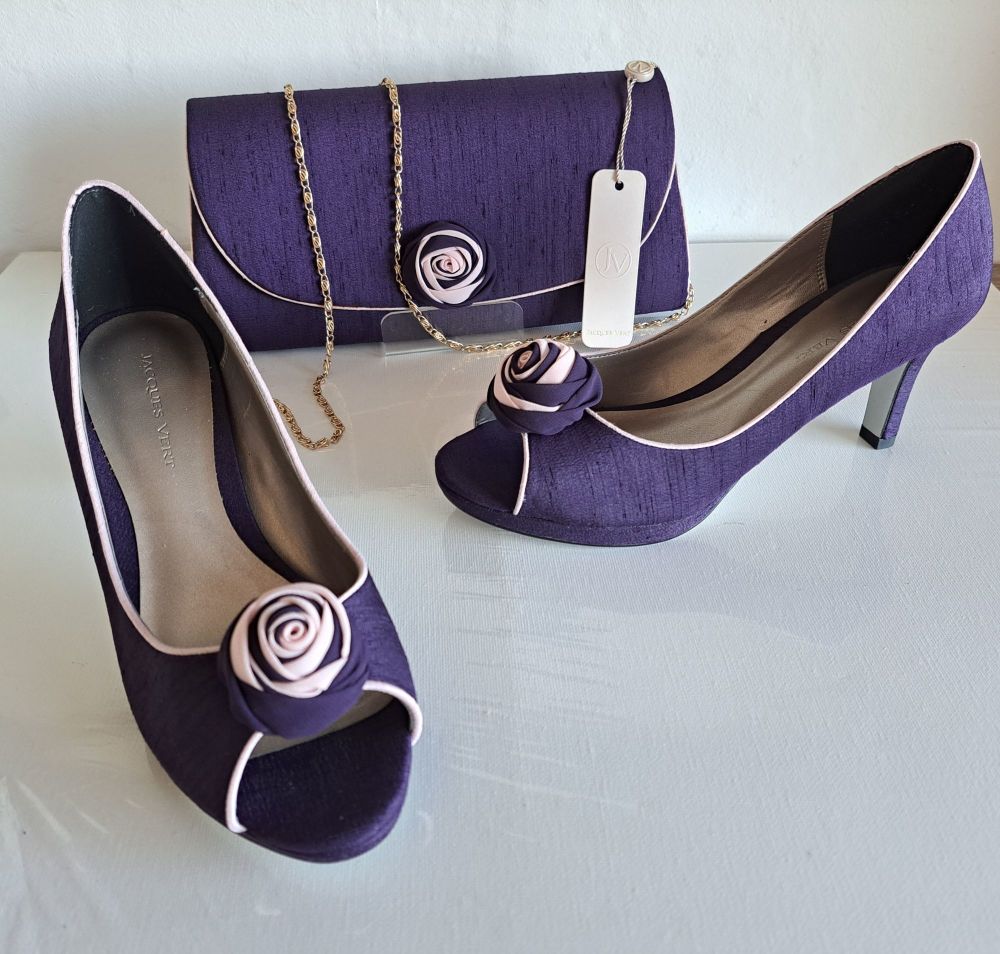 Jacques Vert deep purple peep toe rosebud shoes matching bag  size 4 and size 5