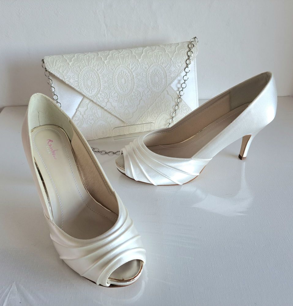 Rainbow Club satin ivory pleat peep toe bridal shoes size 5.5 with matching bag size