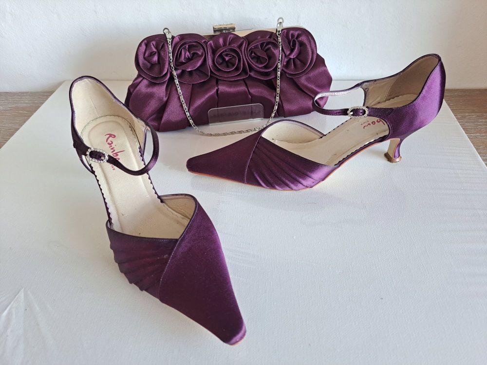 Rainbow Club Purple Dyed Satin Kitten Heels and matching bag, size 6