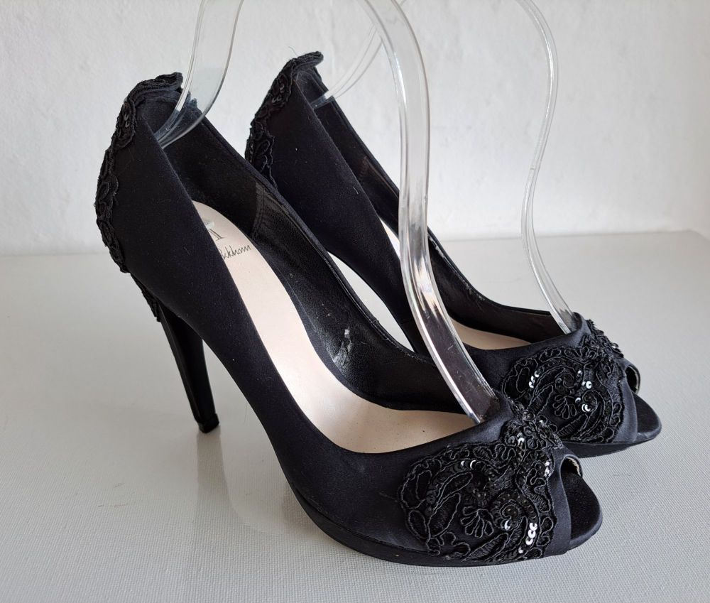Jenny Packham Black Peep Toes Stiletto Shoes size 4