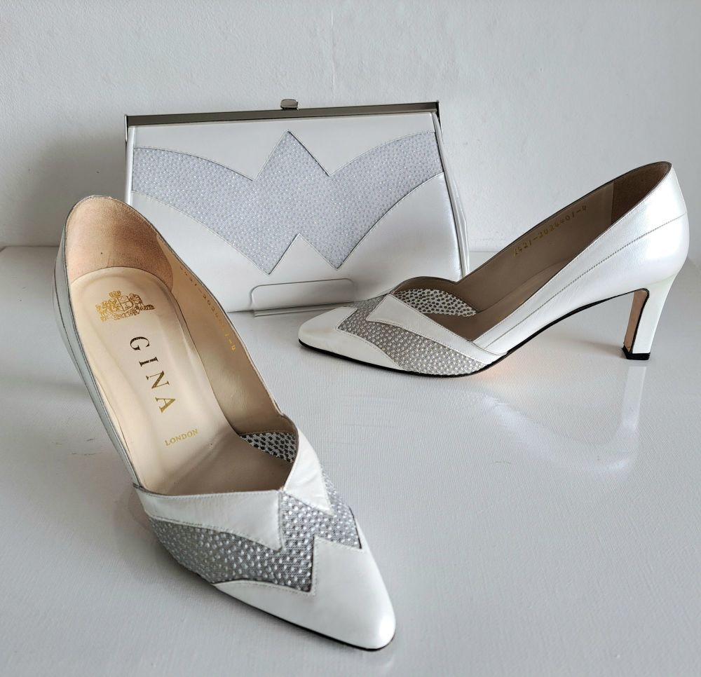 Gina Designer White/Pearl/Silver mesh Shoes size 4 & Matching Bag