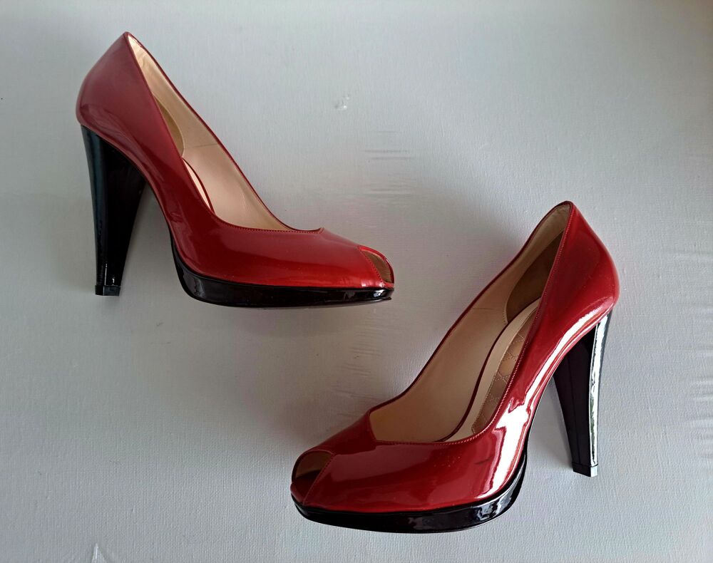 Magrit red patent asymmetric peeptoe small platform high heels size 5