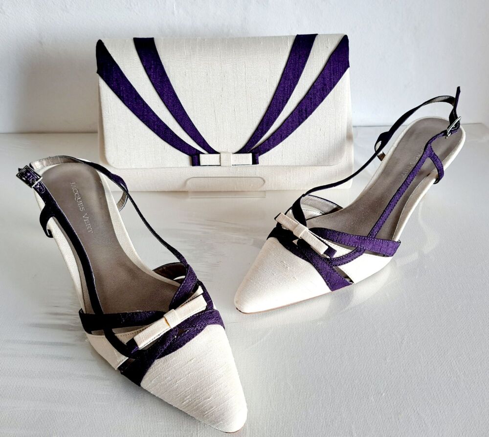 Jacques Vert Cream & Purple Slingback Shoes, size 5 & Matching Bag