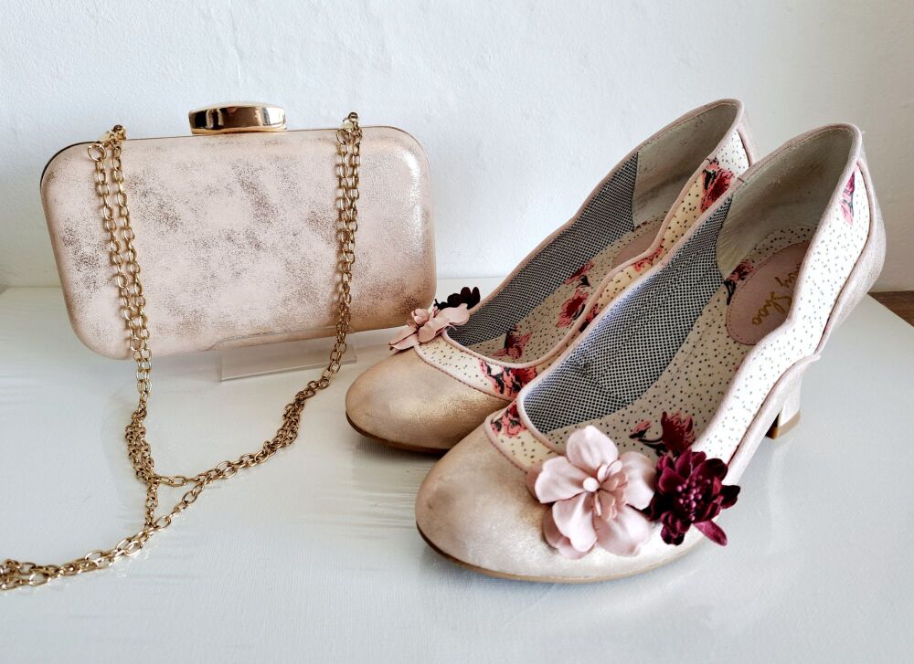 Ruby Shoo Rose Gold Shoes Size 6 & Matching Bag (wide fit)
