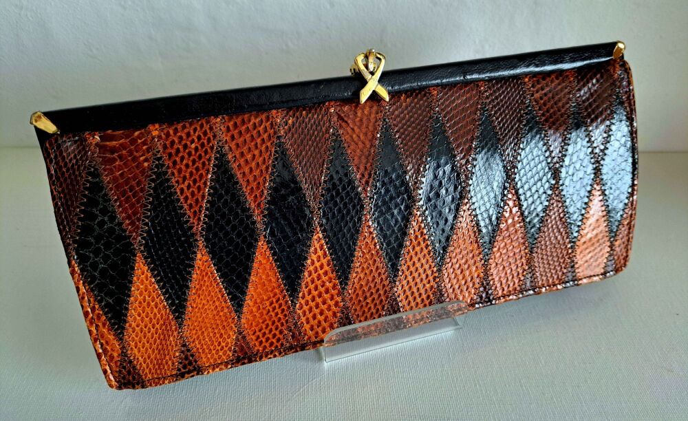 Ackery designer clutch bag vintage brown chestnut snakeskin