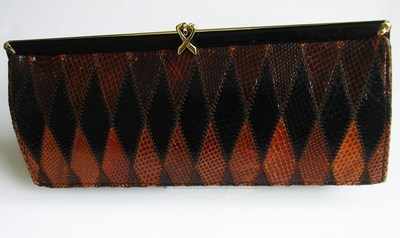 Ackery designer clutch bag. vintage brown/chestnut snakeskin