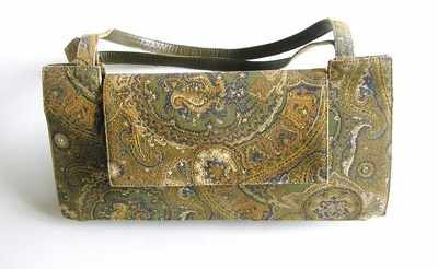 Gina designer bag.fabric print.moss green,gold,tan