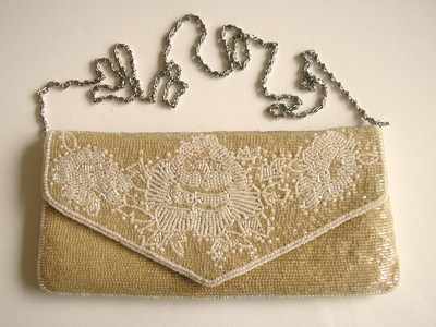 Jacques Vert silky bead and pearl encrusted bag.Oyster.New