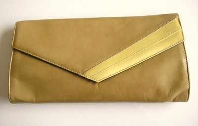 Renata designer clutch bag tan with yellow trim.