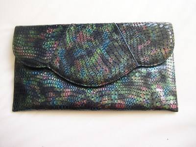 Designer Renata envelope clutch blues greens pinks snakeskin design