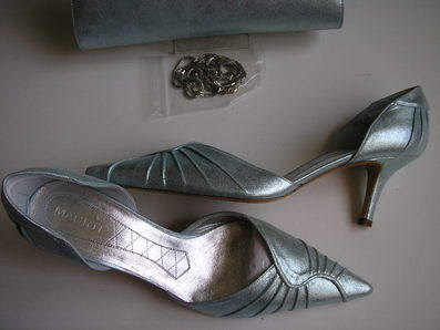 Magrit aqua green heels silver shoes matching bag size 5.5