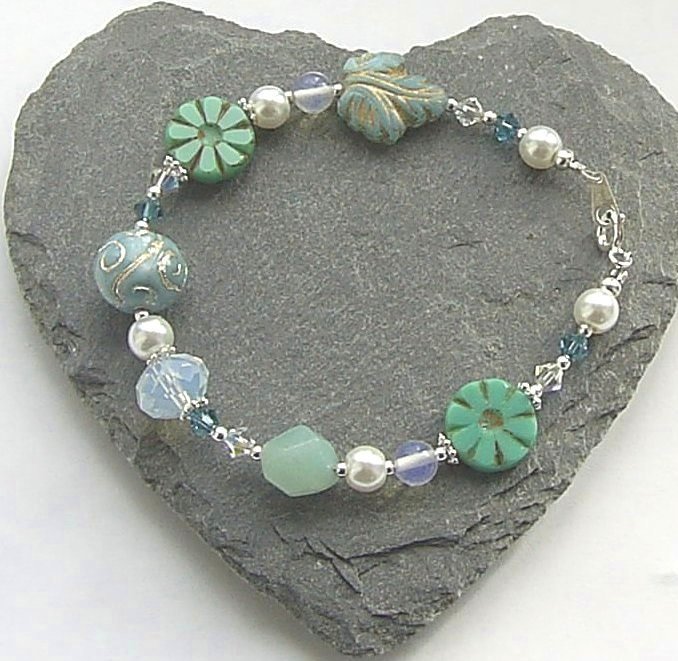 Opalite And Amazonite Gemstone Flower Silver Bracelet