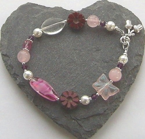 Rose Quartz Butterfly Flower And Acorn Sterling Silver Bracelet