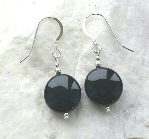 Black Onyx Coin Gemstone Silver Earrings