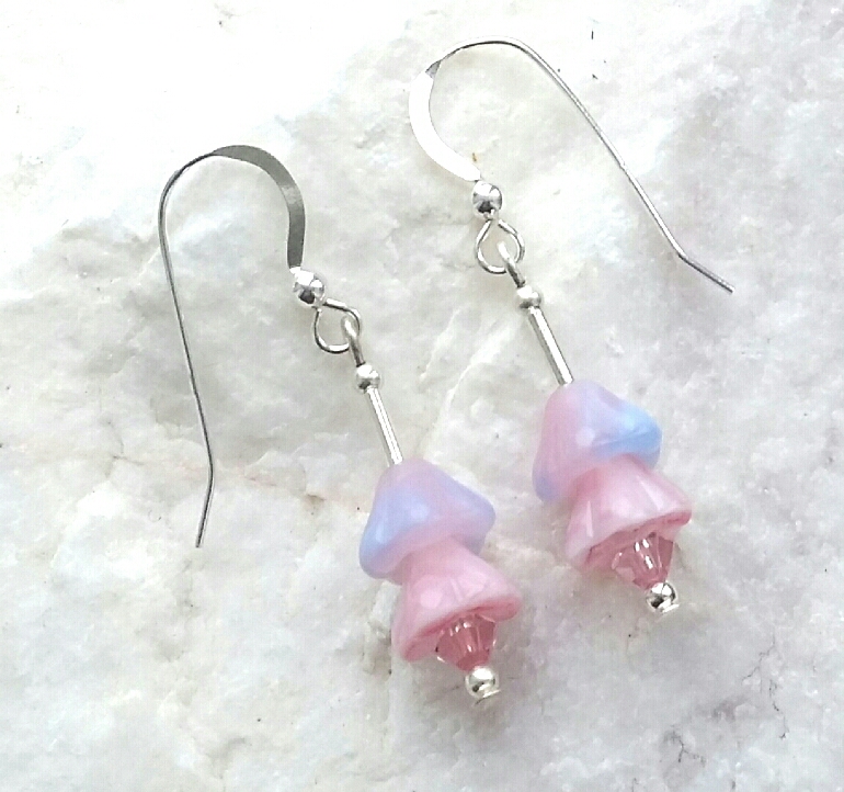 Pink And Lilac Flower Crystal Sterling Silver Earrings