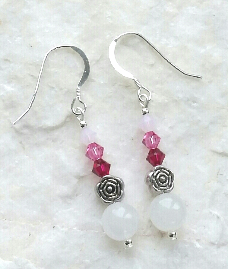 Moonstone And Pink Opal Rose Sterling Silver Earrings