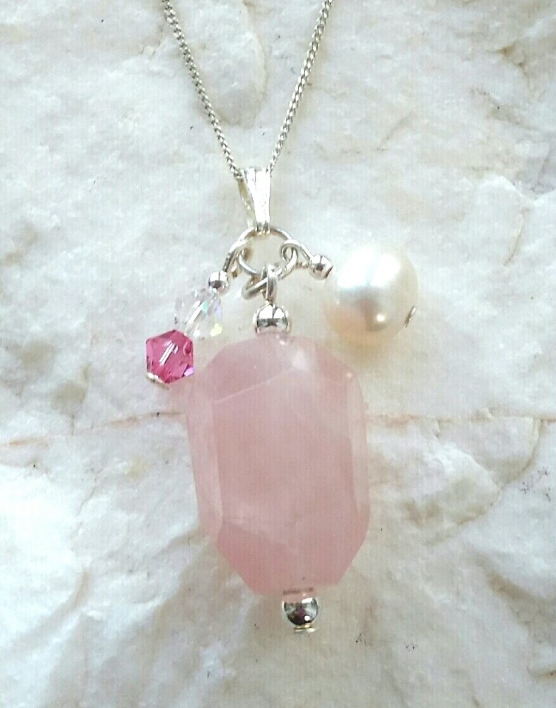 Rose Quartz And Pearl Sterling Silver Necklace