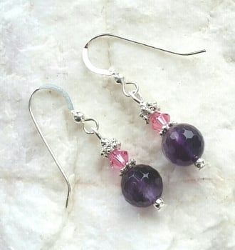 Amethyst With Pink Crystal Sterling Silver Earrings