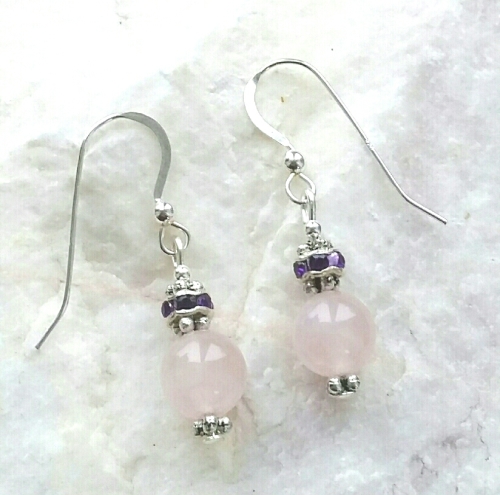 Amethyst Crystal And Rose Quartz Sterling Silver Gem Earrings